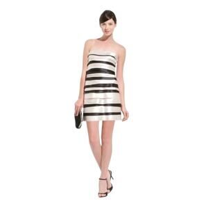 BCBGMAXAZRIA Women's Black White Strapless Tiered Satin Sheath Dress Size 4P